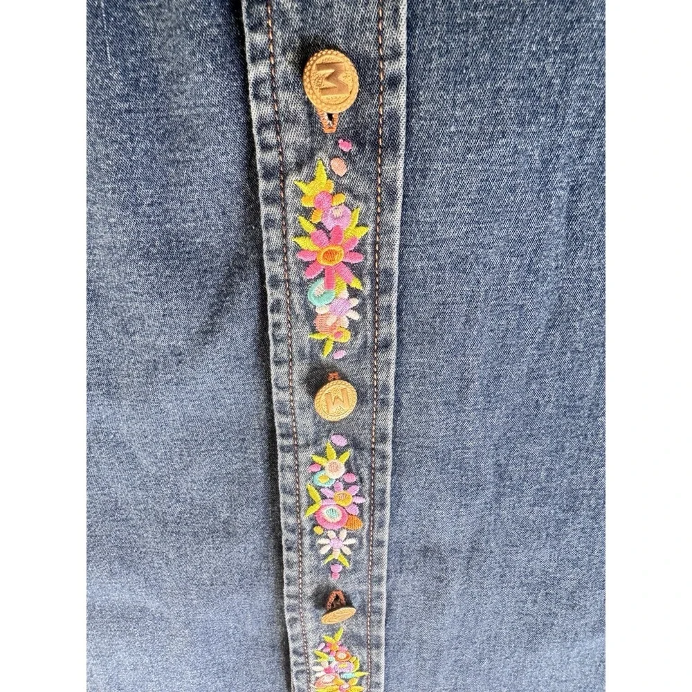 VTG Y2K Bob Mackie Wearable Art Embroidered Maypole Denim Button Down‎ Sz Medium